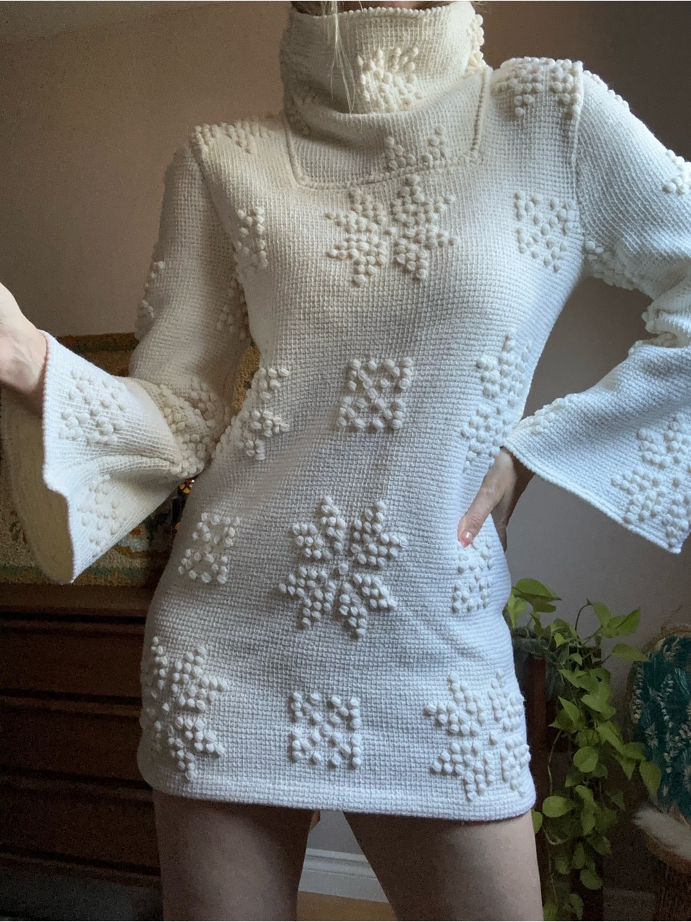 Vintage Mod Micro Mini Women's Cream Textured Knit Turtleneck Dress